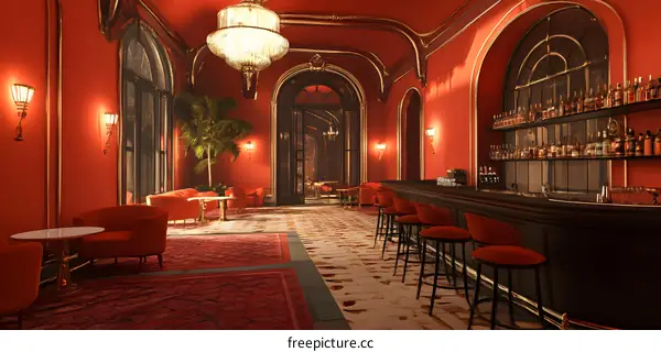 Red Interior of Luxury Bar with Gold Accents and Chandelier