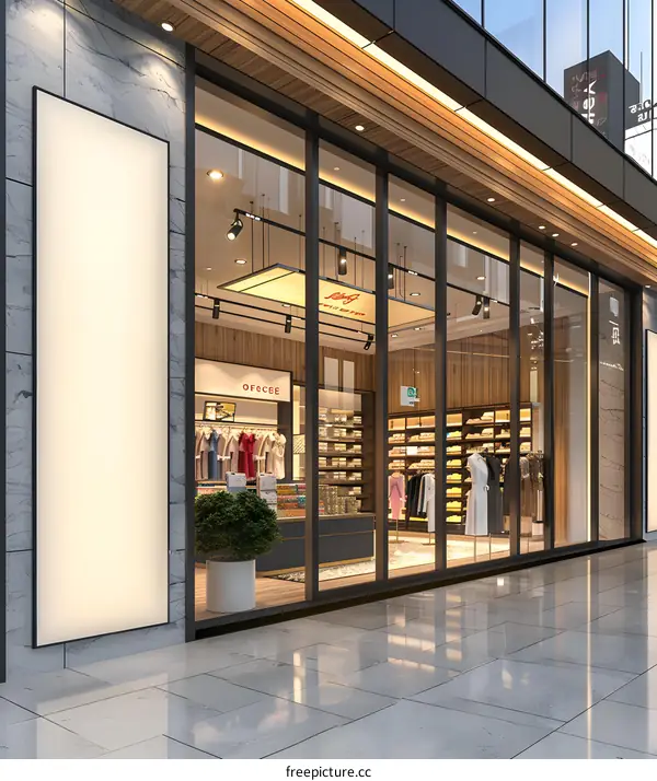 Modern Store Front with Large Window Display and Blank Sign
