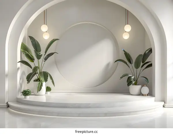 Minimalist White Room Interior Design With Circular Platform And Plants