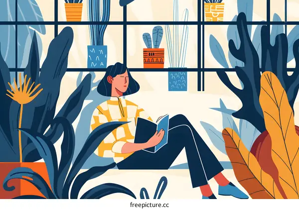 Woman Reading Book Surrounded By Plants