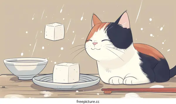 A cute cat is eating tofu