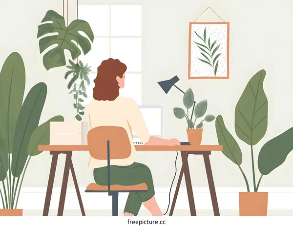 Woman Working at Home Office Desk with Plants
