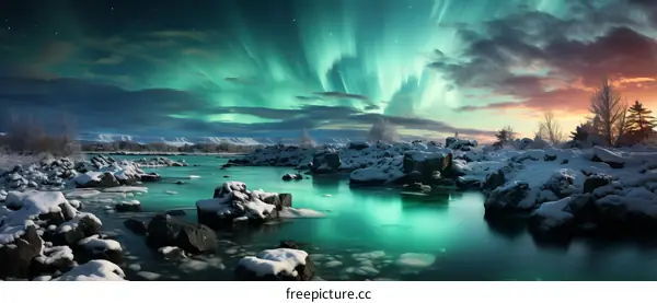 Aurora borealis landscape with river and snow covered rocks under starry night sky