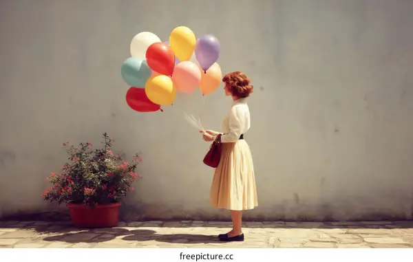 Woman with Colorful Balloons in Outdoor Setting