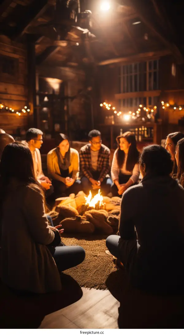 A group of multi-ethnic friends sitting around a campfire at night