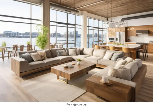 Modern living room interior with large windows and a view of the city