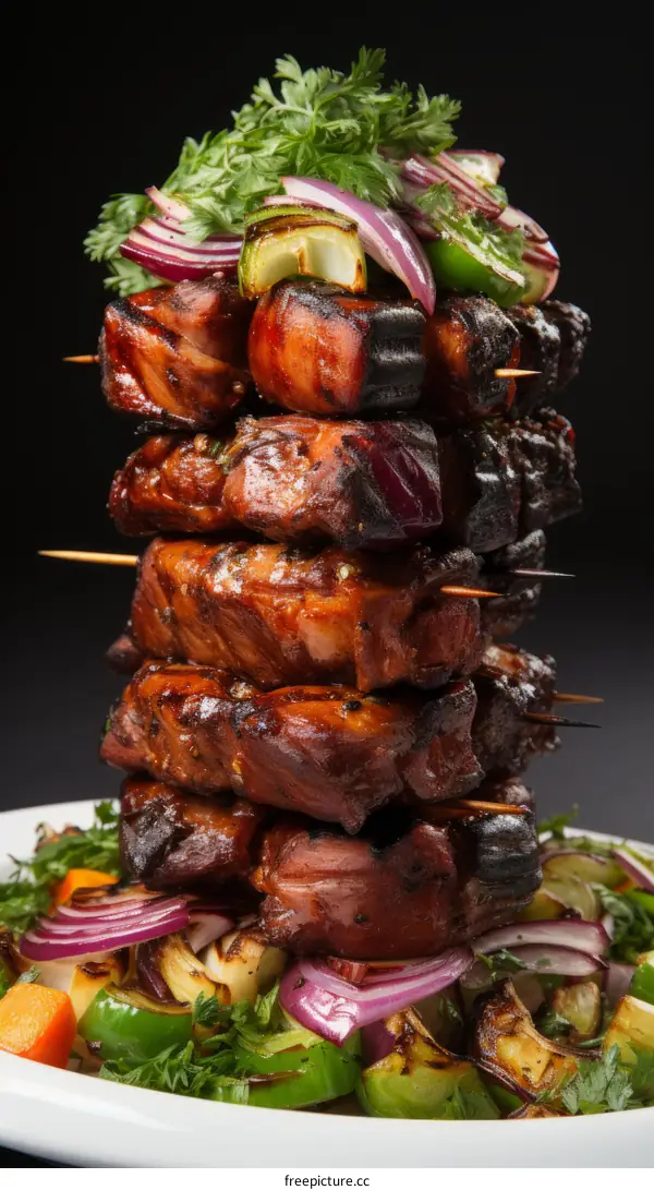 A Tower of Barbecued Pork Skewers