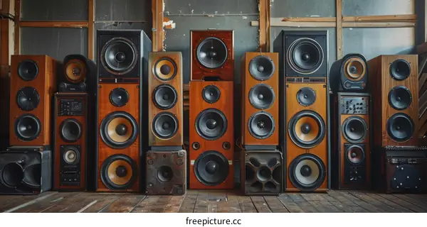 A wall of vintage speakers