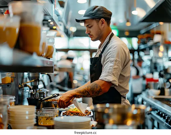 Focused Young Male Chef Works in Busy Restaurant Kitchen