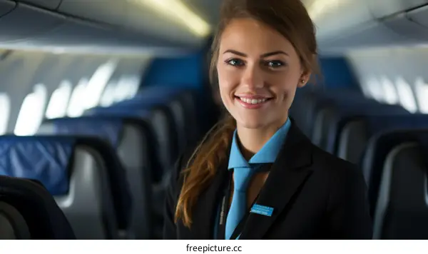 Portrait of a smiling stewardess in uniform standing in airplane aisle