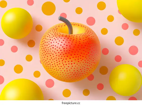 Orange Apple with Yellow and Pink Polka Dot Background