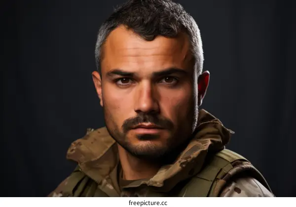 Portrait of a soldier with a beard and mustache wearing military uniform