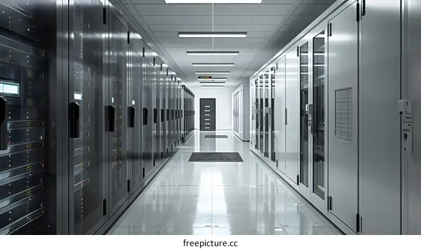 A long and empty futuristic server room with shiny floor