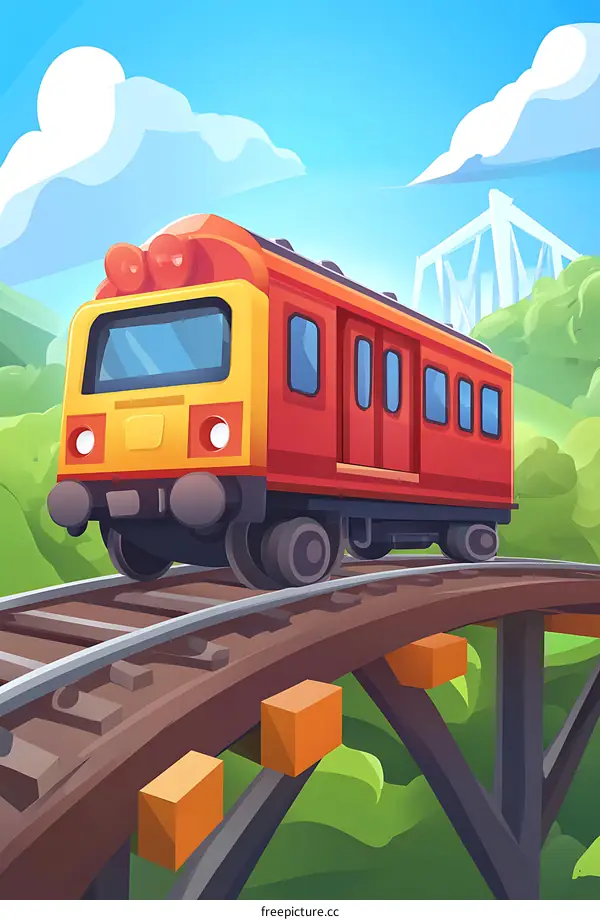 Cartoon Train Crossing Bridge Over Mountains