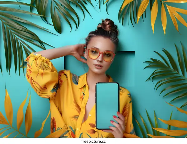 Summer Fashion Model Wearing Yellow Shirt Holding Phone