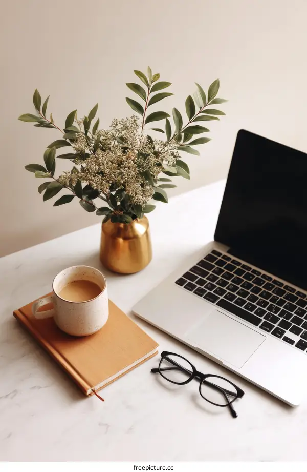 Modern Workspace with Laptop Coffee and Plants