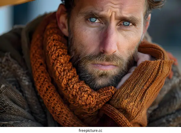 Portrait of a man with blue eyes and a beard wearing a brown scarf