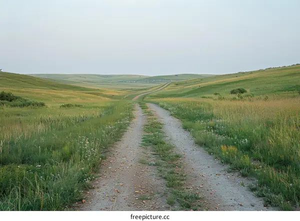 Prairie road through the green hills