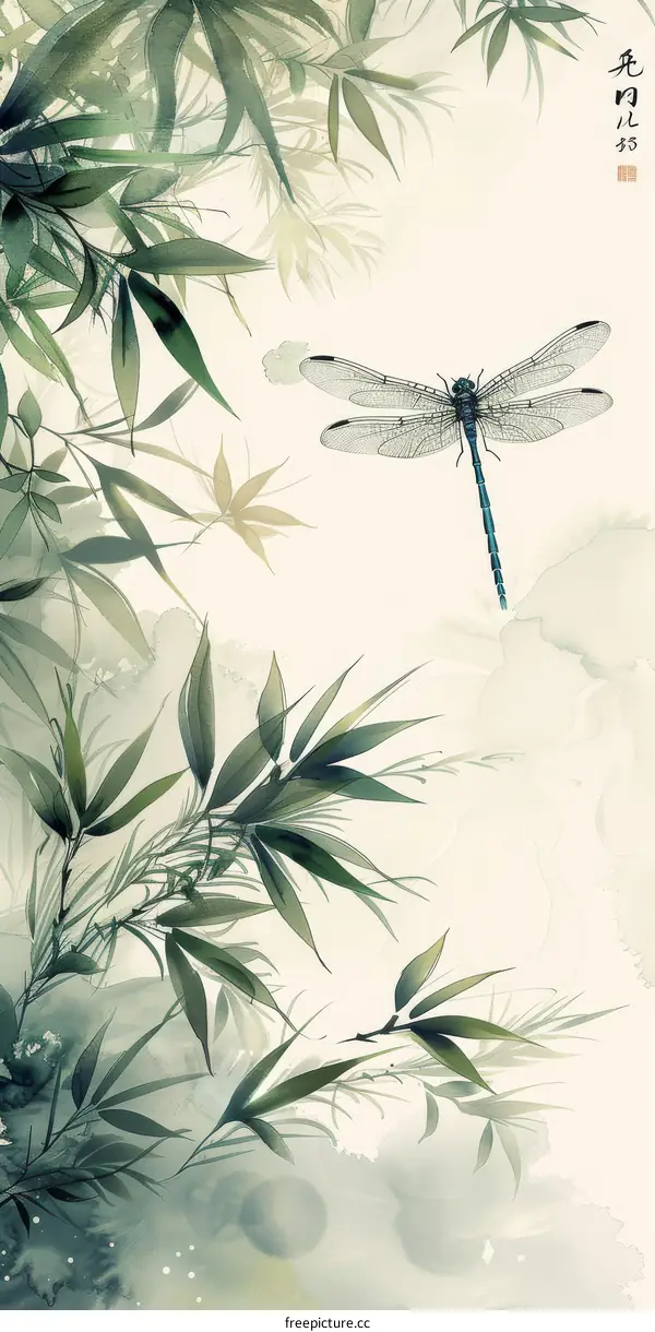 A green dragonfly perched on a bamboo stalk with lush vegetation