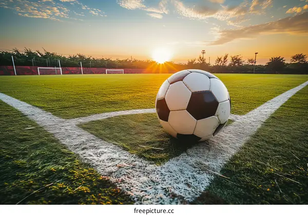 Soccer Ball on Field at Sunset