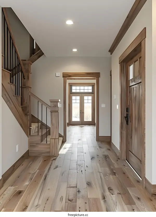 Empty Foyer With Hardwood Floors And Staircase