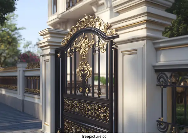 Luxury Black Iron Gate with Gold Accents