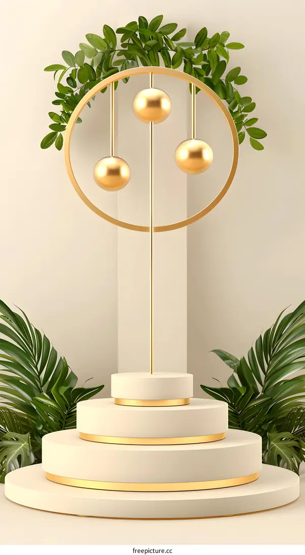 Minimalist 3D Render of White and Gold Podium with Green Plants