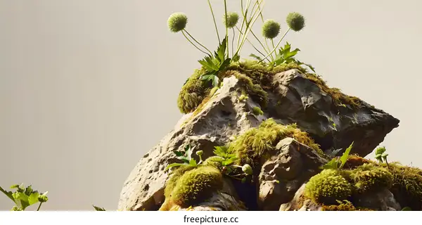 Close Up Of Moss Covered Rock With Green Plants