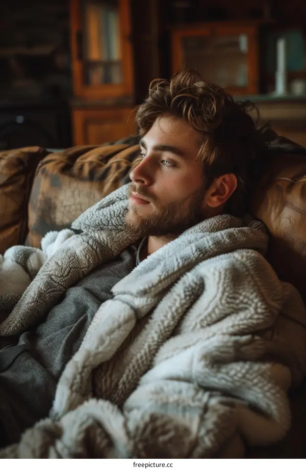 pensive young man looking away while relaxing on couch
