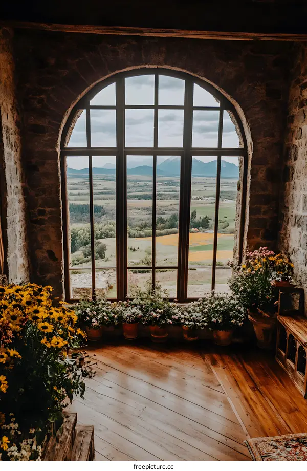 Stone Wall Window with View of Mountains and Fields