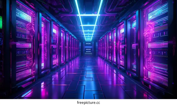 Futuristic Server Room with Glowing Neon Lights