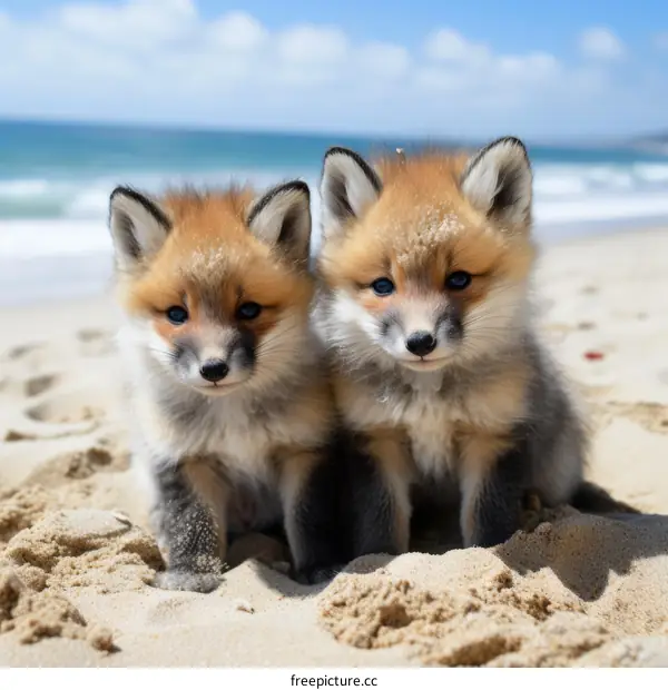 Two Adorable Red Foxes Kits Sitting on the Beach