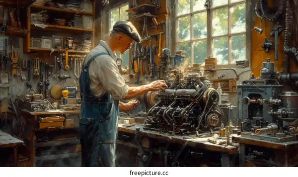 A mechanic works on a car engine in a garage