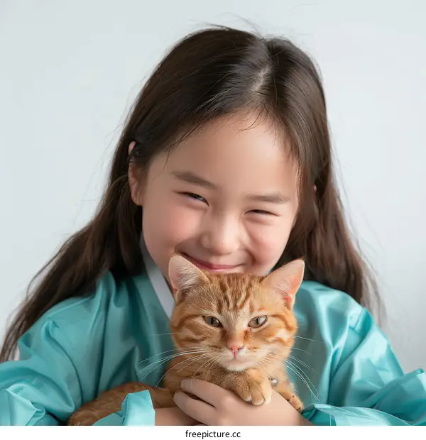 Little Asian girl hugging an orange cat