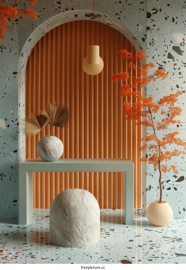 Modern Interior Design with Terrazzo Flooring and Orange Accents