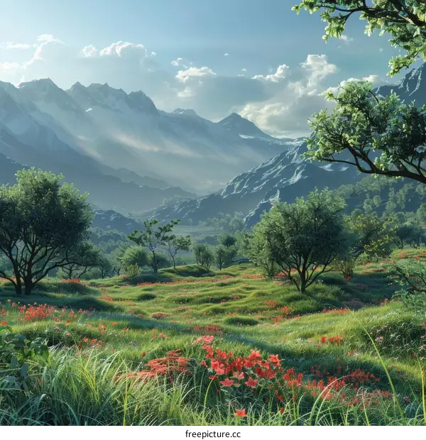 Idyllic Mountain Meadow Landscape with Vivid Red Flowers