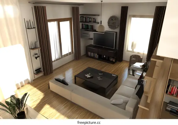 Modern Living Room Interior Design with White Sofa and Bookshelves