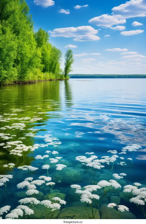 Tranquil Lake in the Summer with White Flowers