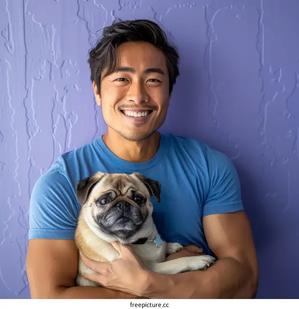 A smiling Asian man with short dark hair is holding a small pug dog in his arms.