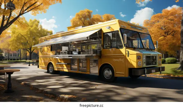 Yellow Food Truck on College Campus in Autumn