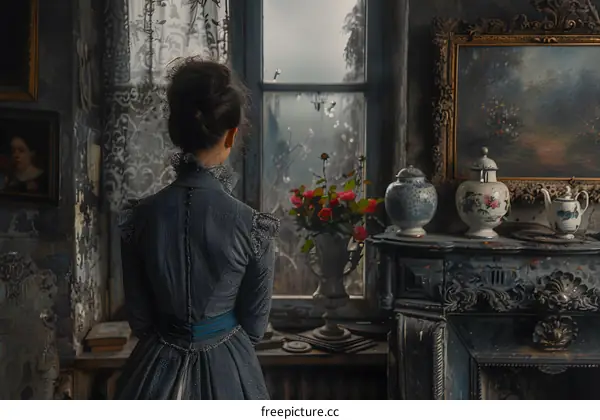 Woman in Vintage Dress Looking Out Window in Old Room