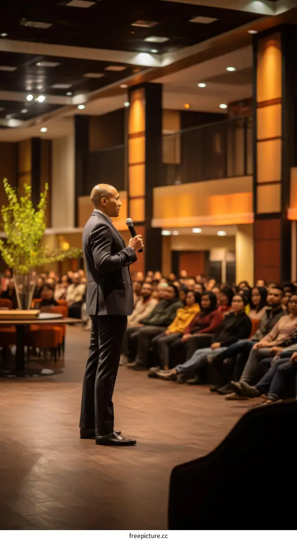 A man giving a speech in a large room