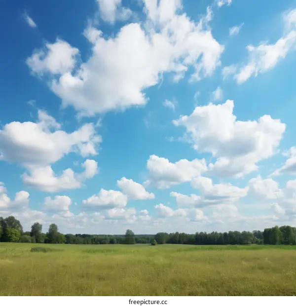 Blue sky and green field landscape with clouds and trees