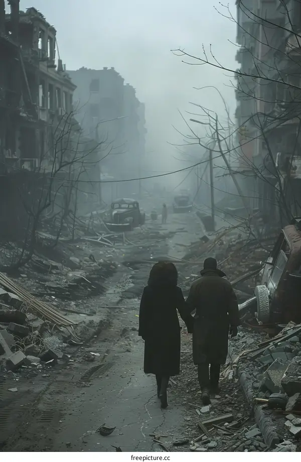 A couple walking through a war-torn city