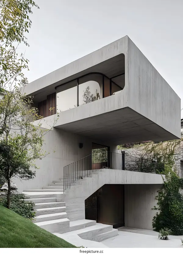 Modern Concrete House with Overhanging Structure and Stairs