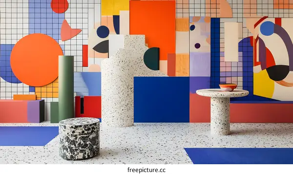 Abstract Geometric Shapes and Colorful Wall Art in a Modern Interior Design Setting