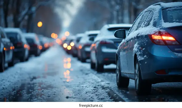 Blue Car Parked in Snowy Street