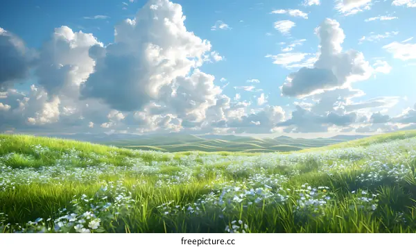 Rolling green hills with white flowers under a blue sky and white clouds