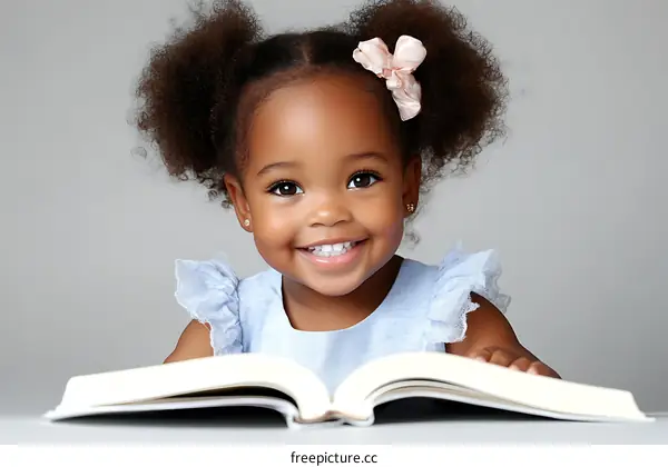 Smiling African Girl Reading a Book