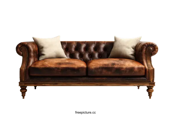 [Transparent Background PNG]Vintage Leather Sofa with Decorative Pillows